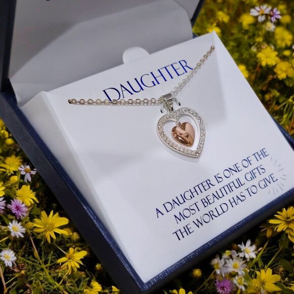 “Daughter” Swarovski Crystal Heart Pendant – 925 Silver & 18K Rose Gold 18" - Picture 2 of 4